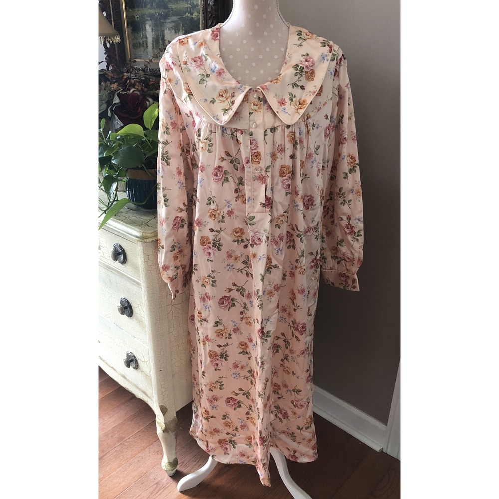 Vtg Barbizon Nightgown Satin Peach Floral Long Sleeve Granny Cottagecore Size XL